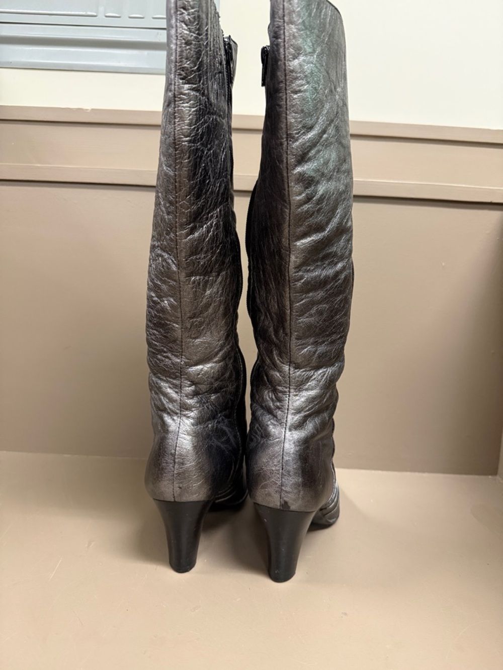 Born Metallic Gray Crinkled Leather Knee-High Women's Side Zip Boots - Picture 8 of 11